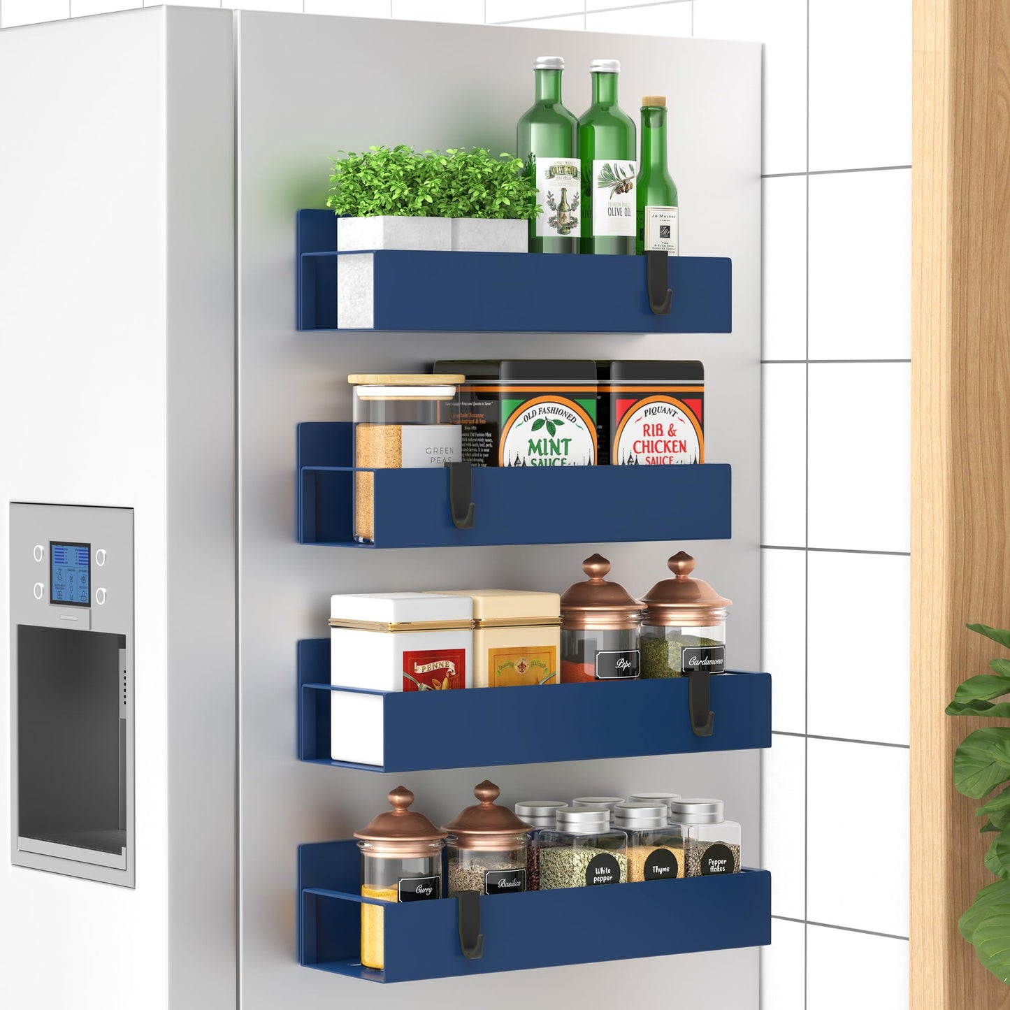 Metal 4 Pack Magnetic Spice Storage Rack Organizer for Refrigerator and Oven, Black Fridge Organizers and Storage