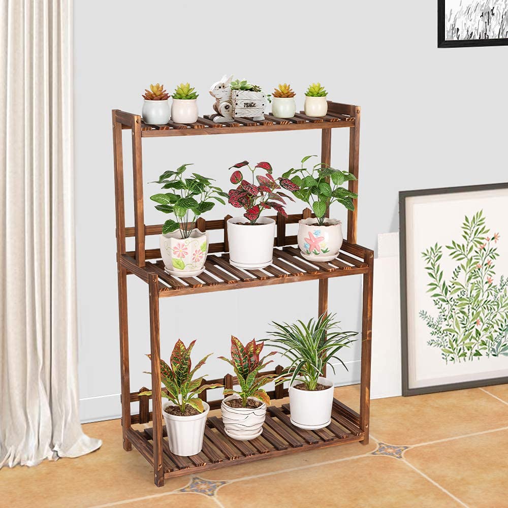 Ufine 3 Tier Wood Plant Stand Vertical Plant Display Shelf Indoor Ourdoor Plant Rack, Balcony Living Room, Kitchen, Porch Organizer Plants Holder