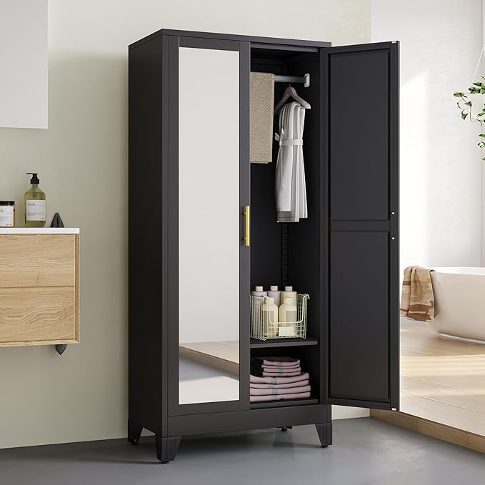 71" Metal Armoire Wardrobe Closet, Steel Clothing Storage Cabinet