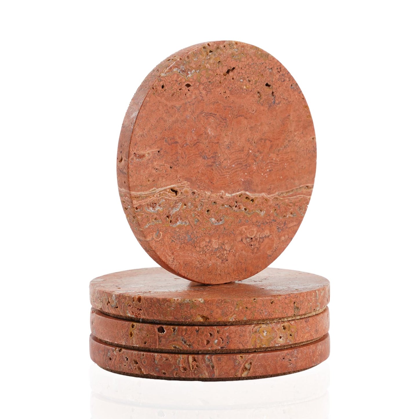 Red Travertine Coasters Set of 4, 10cm Diameter Natural Stone Coasters with Non-Slip Cork Backing, for Coffee Table Kitchen Office Decor