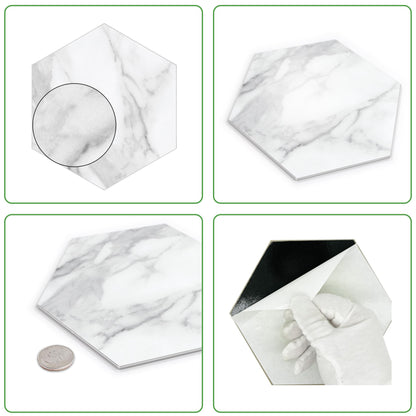 INNO STICKERS 45-Sheet Hexagon Peel and Stick Backsplash, 6" x 7" White Calacatta Marble Looks Self Adhesive Wall Tile, Stone Composite Stick on Decorative Mosaic Tile for Kitchen Bathroom Fireplace