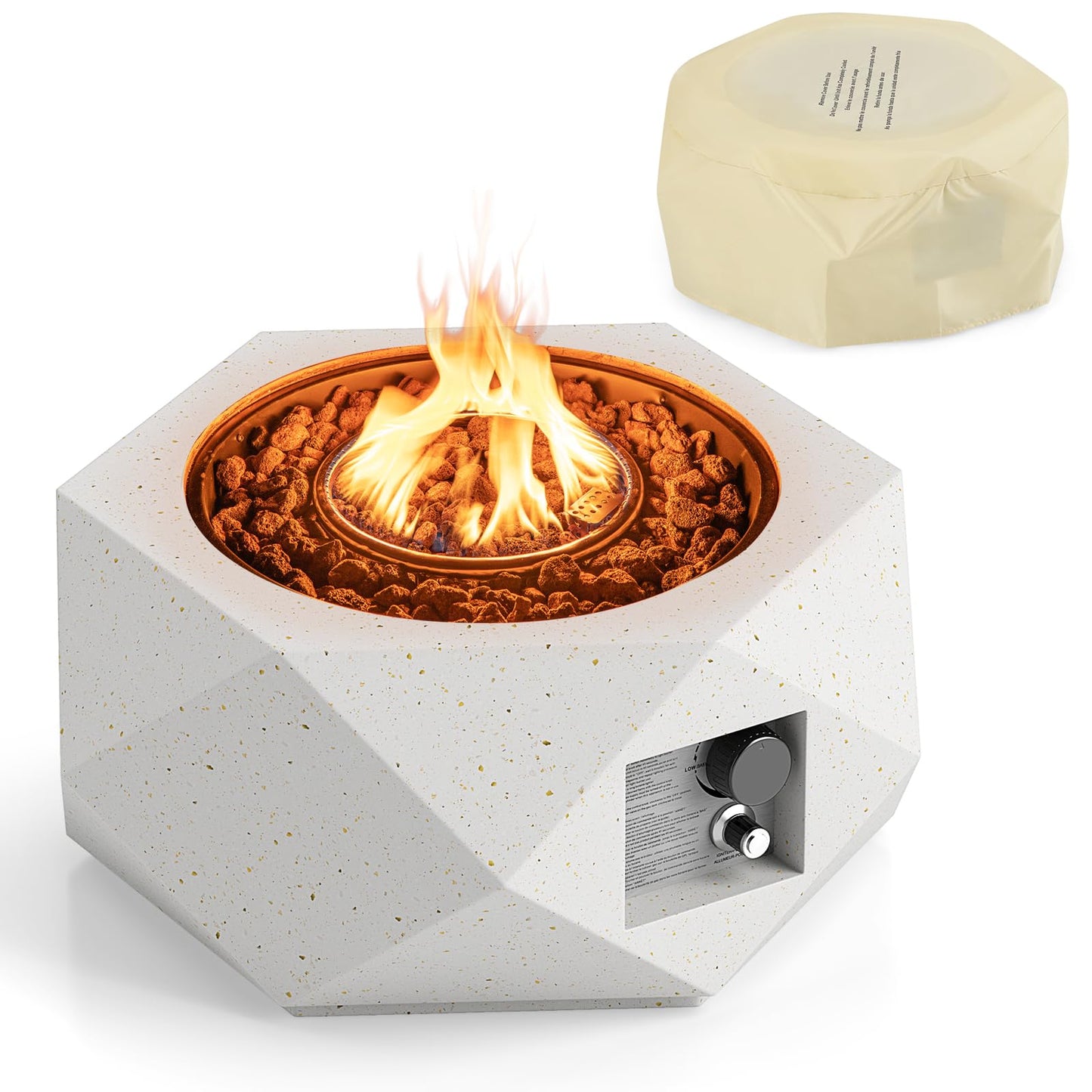Tangkula Propane Fire Pit Table, 28” Hexagon Terrazzo Gas Fire Pit with Stainless Steel Burner & Lava Rocks, Protective Cover & Tank Seat Included, 40,000 BTU Smokeless Fire Pit for Outside Patio