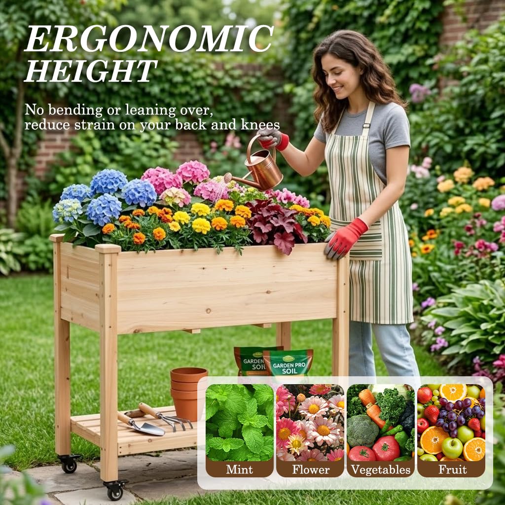Nature Crafted Raised Garden Bed with Lockable Wheels, 40x24x32 inch Elevated Wood Planter with Storage Shelf Protective Liner for Vegetable Flower Herb Outdoor Balcony Patio Backyard, Natural
