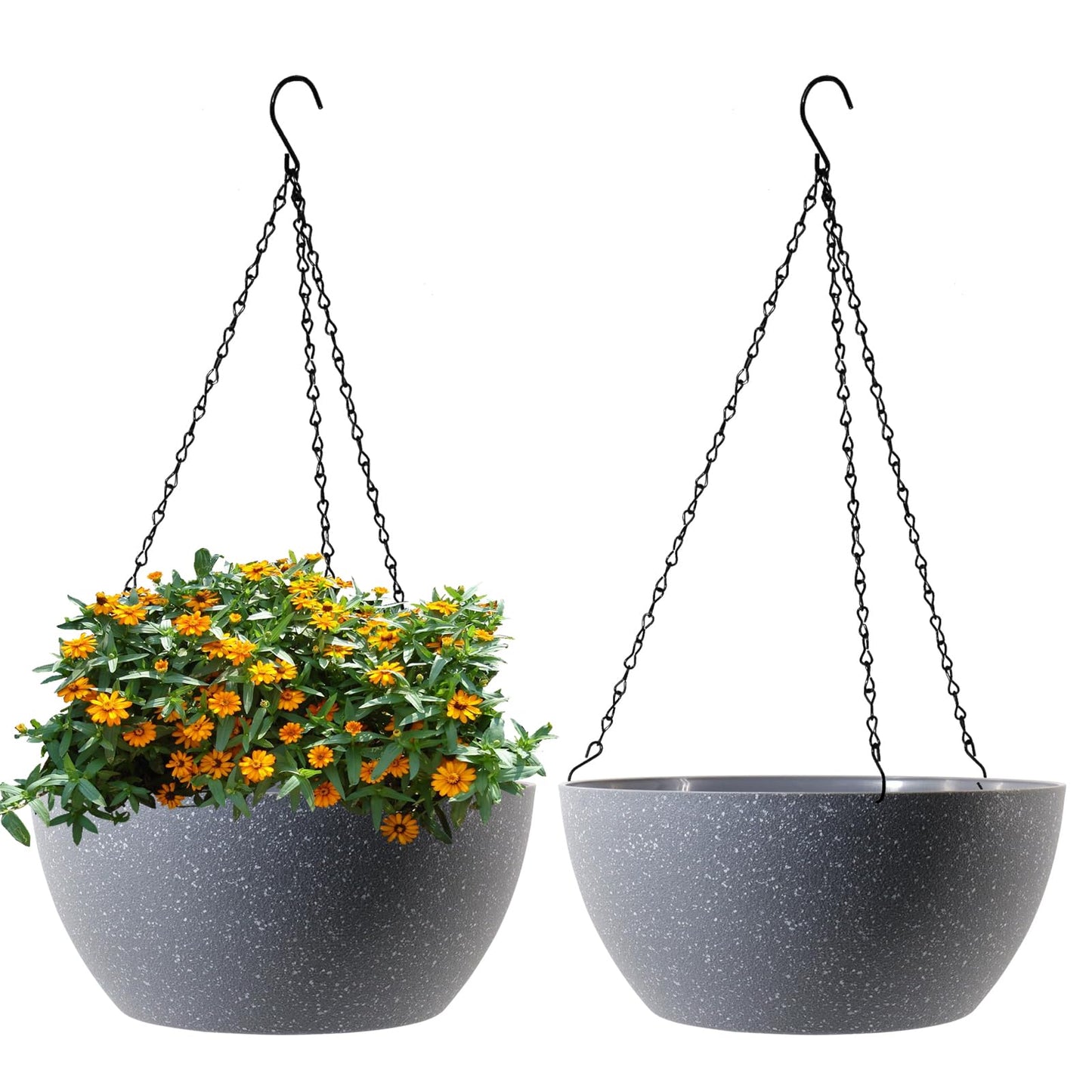 WSMKSZ 13 inch Large Hanging Planters Plant Pots for Outdoor Indoor Plants with Drainage Holes and Chain, 2 Pack Round Hanging Flower Pots for Garden Home Porch Decor, Speckled Grey