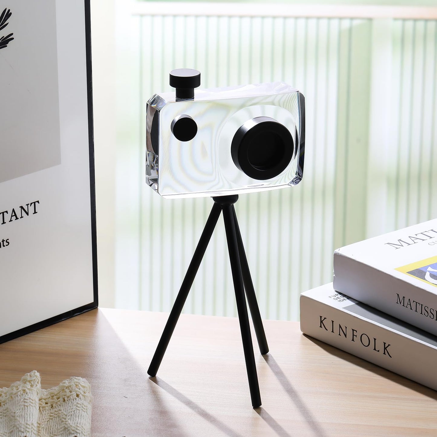 JOASURA Crystal Camera Model Statues- Small Black with Bracket 3.94x5.12inch 2.2LB,Camera Crafts Collectible Figurine Home Desktop Decoration