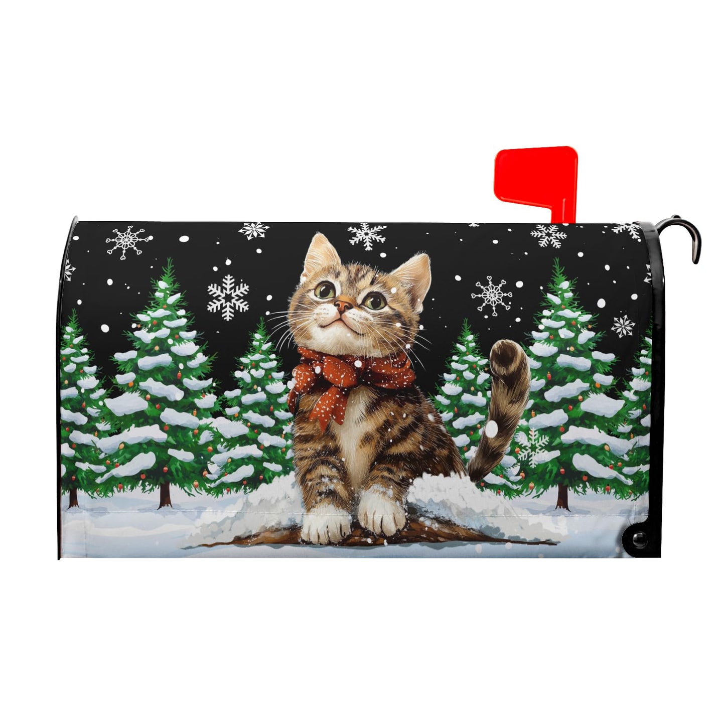 Winter Cat Mailbox Cover Magnetic Large Size 25”x21” Christmas Cat Mailbox Wraps Kitty Kitten Snow Pine Tree Decorative Post Letter Box Cover for Holiday Garden Yard Outdoor Decor