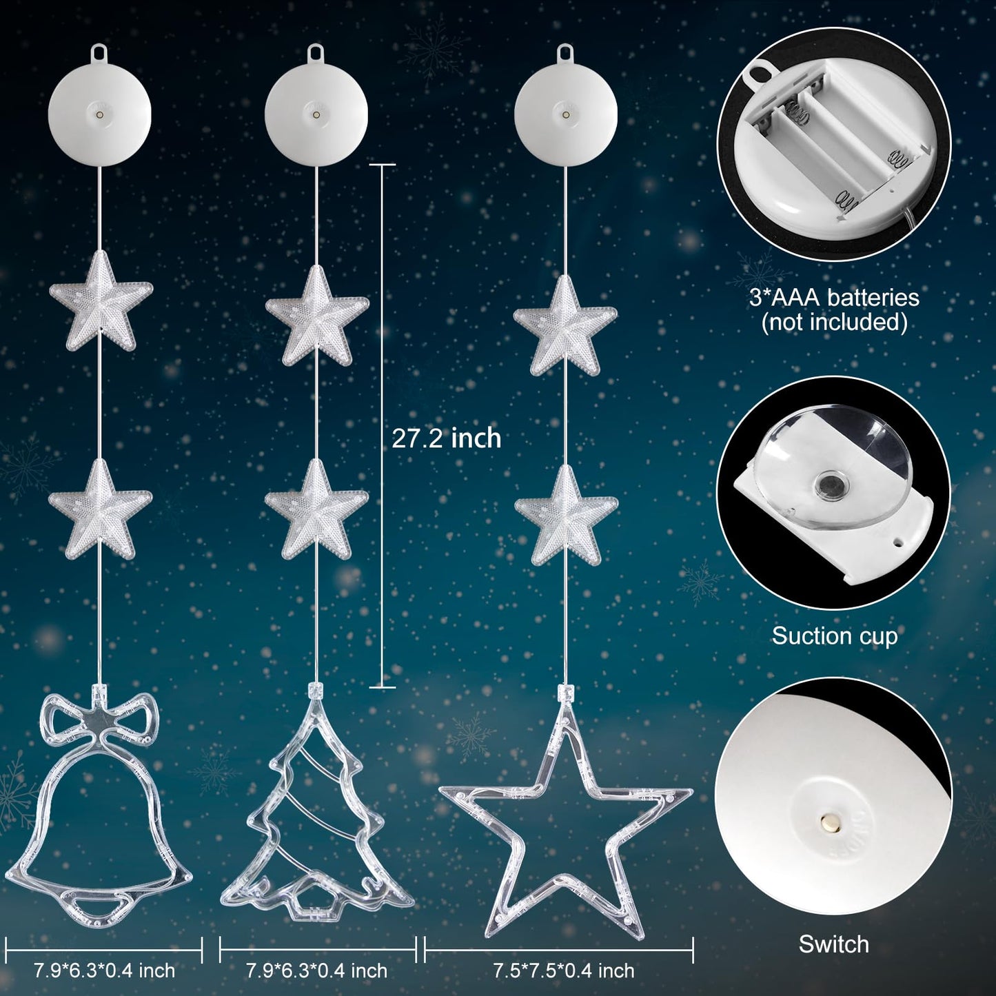 LYUBASA [Timer 3Pcs Christmas Window Lights Decorations,Battery Powered Christmas Hanging Warm White Lighted Tree Bell Star Shaped LED Sucker for Xmas Tree Fireplace Indoor Outdoor Decor