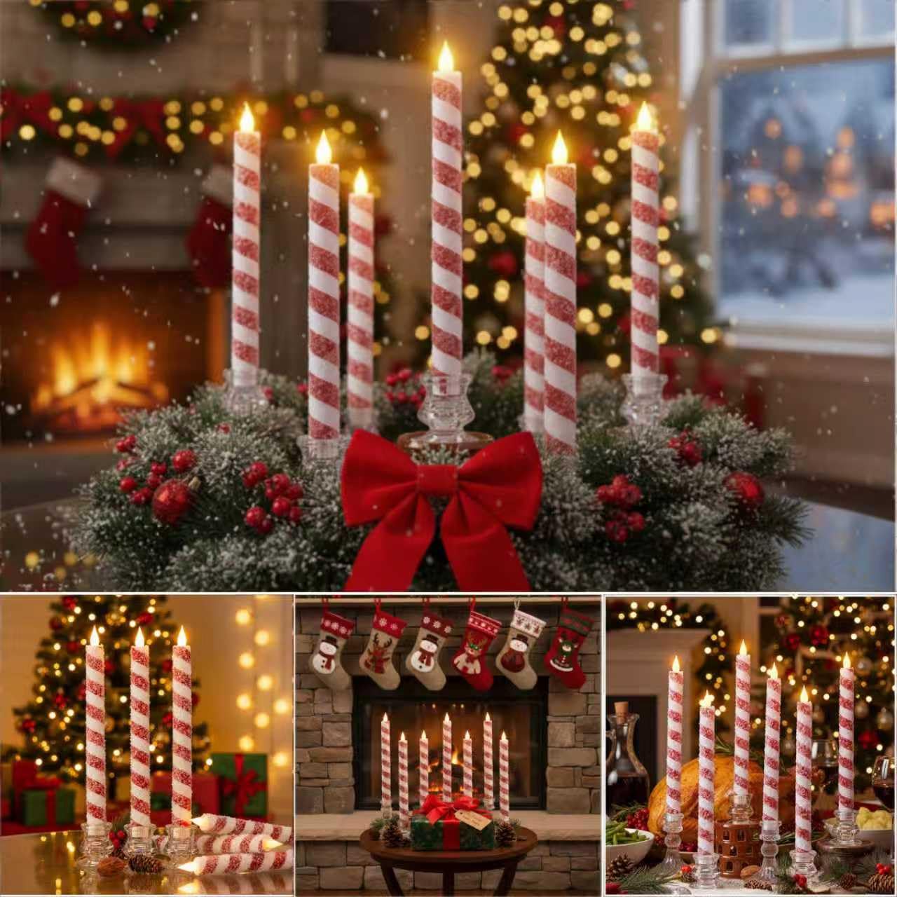 IUJOCQL 6 Pcs 10.6 Inch Christmas Flameless Taper Candles, Candy Cane Red & White Stripes Flickering LED Candles Battery Operated for Xmas Centerpiece, Holiday Party, Wedding, Home Decoration