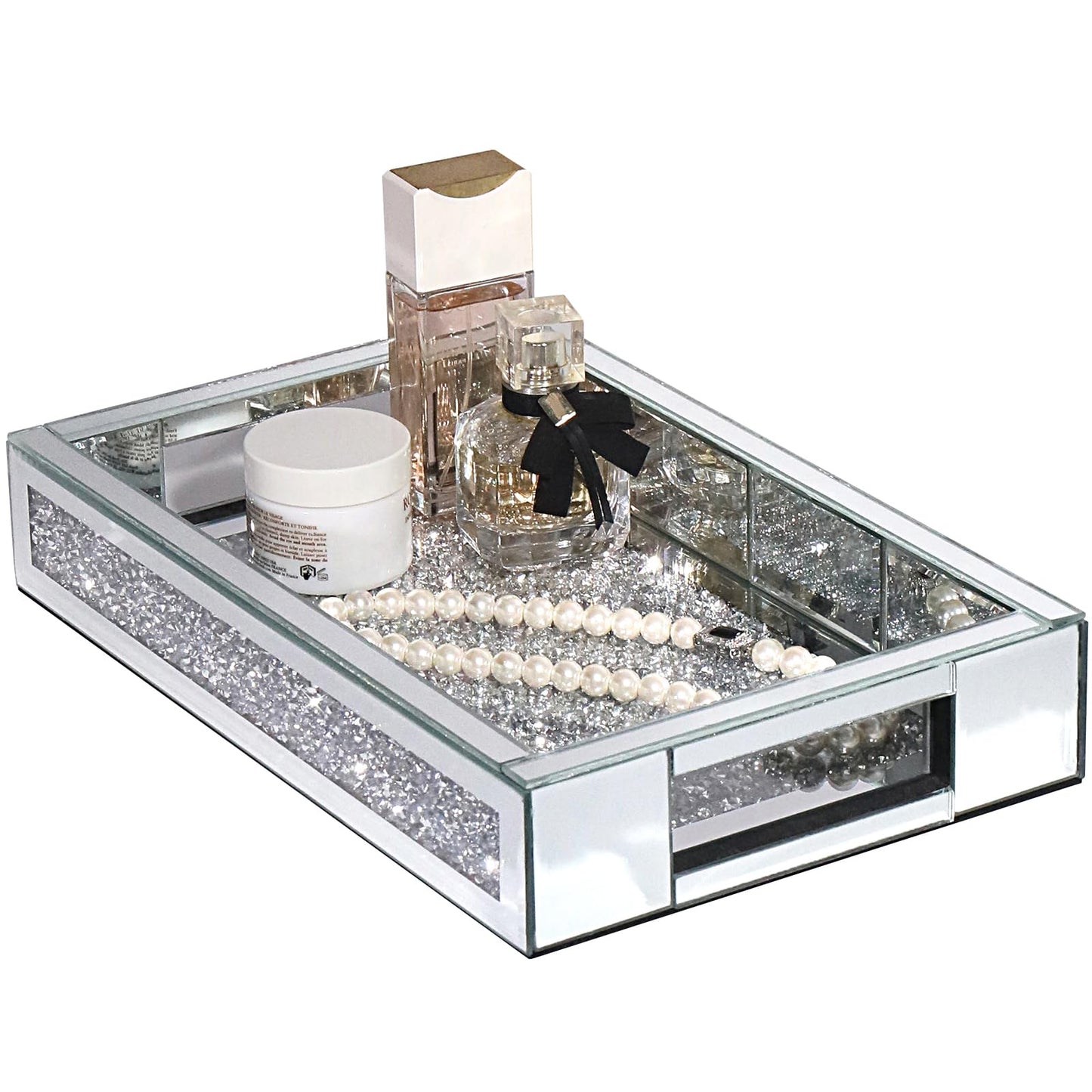 joyshiny Rectangle Glass Tray with Handles for Dresser, Mirror Makeup Organizer Perfume Display, Crushed Diamond Home Decor Accent for Vanity, Living Room Tables, Silver(12”x7.7”x2”)