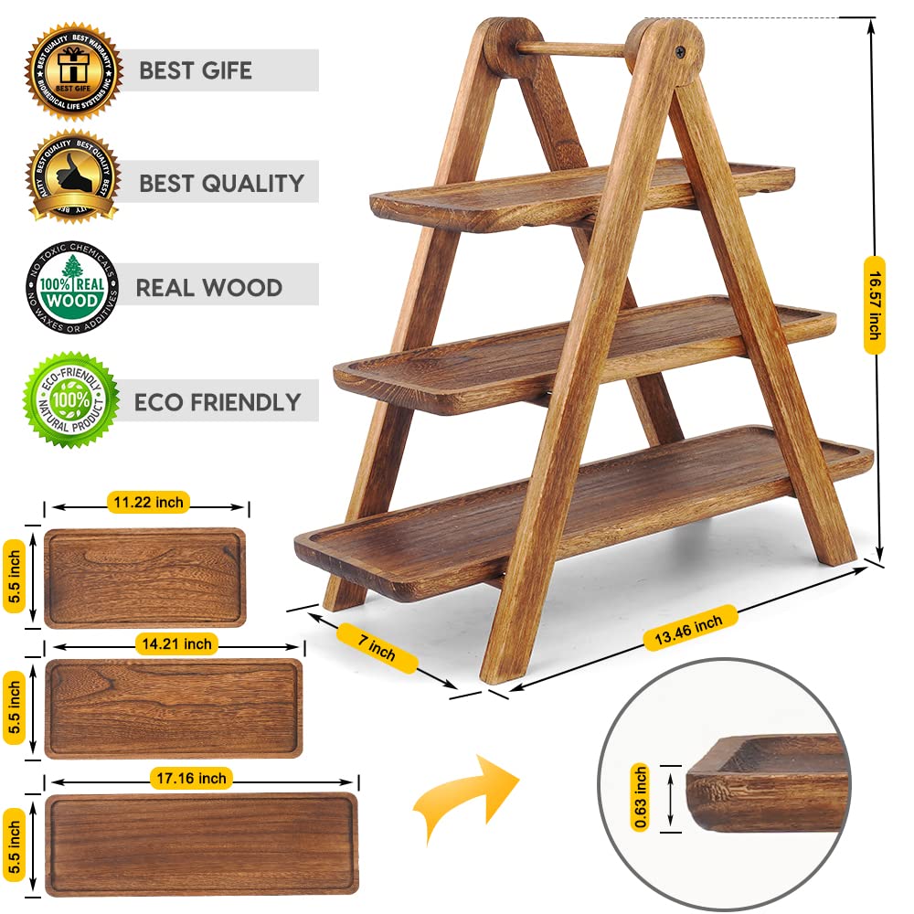 Manspdier Wood 3 Tier Serving Tray Three Tiered Cupcake Stand, Rectangle Serving Platter Wooden Farmhouse Tiered Tray, Party Serving Brown Decorative Tray Decor