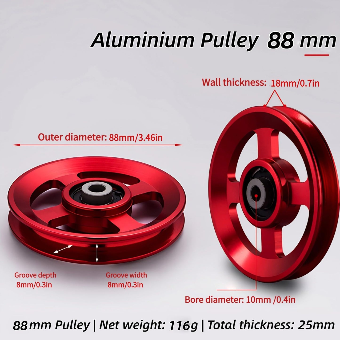 Gueiddi Aluminum Pulley for Home Gym, Load Capacity Sealed Bearing Pulley System, Quiet & Smooth Replacement Gym Pulley Wheel for Cable Machine, LAT Pulldown, Weight Equipment (1, Red, 88-90mm)