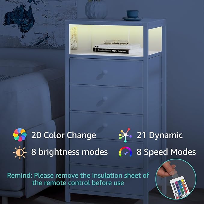 BOLUO White Dresser with 5 Drawers Tall Nightstand with Charging Station and