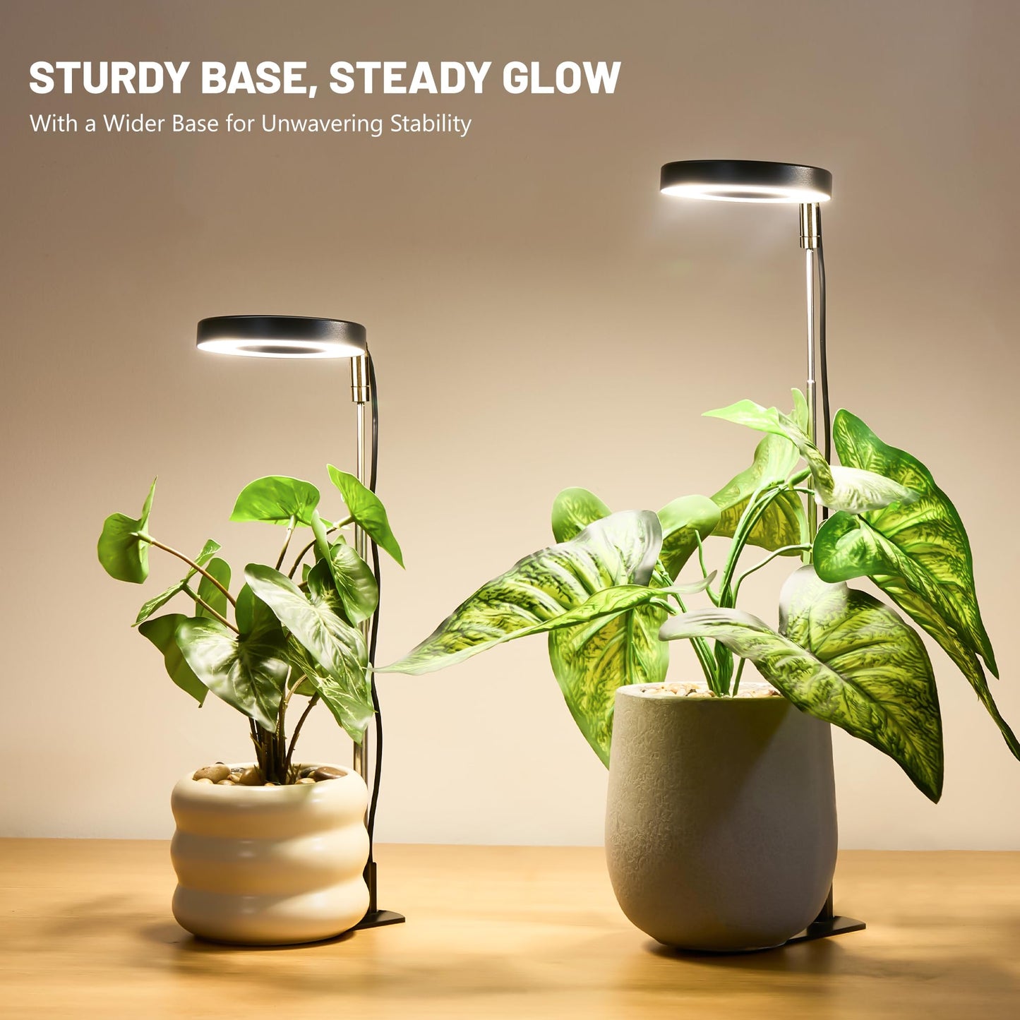 LBW Grow Light for Indoor Plants, Full Spectrum Halo Plant Grow Light with Base, Height Adjustable Plant Lamp with Auto Timer 6/8/12/16H, 3 Color,5 Dimmable Level, for Small Plants, Black, 2 Packs