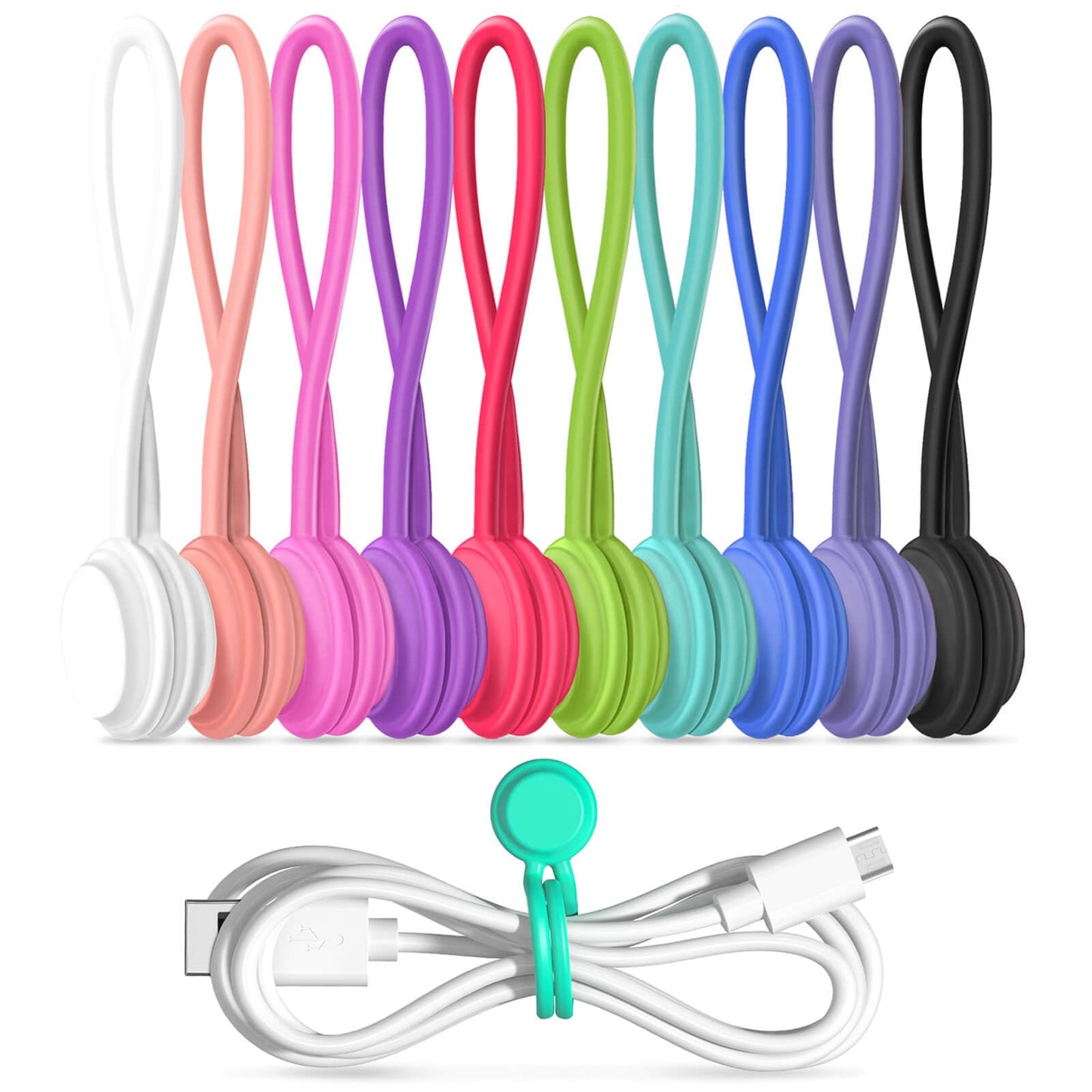 Magnetic Cable Ties 10 PCS Reusable Cable Organizers Earbuds Cords USB Cable Manager Keeper Wrap Ties Straps Bookmark Clips Whiteboard Noticeboard Fridge Magnets for Office, School, Home Organization