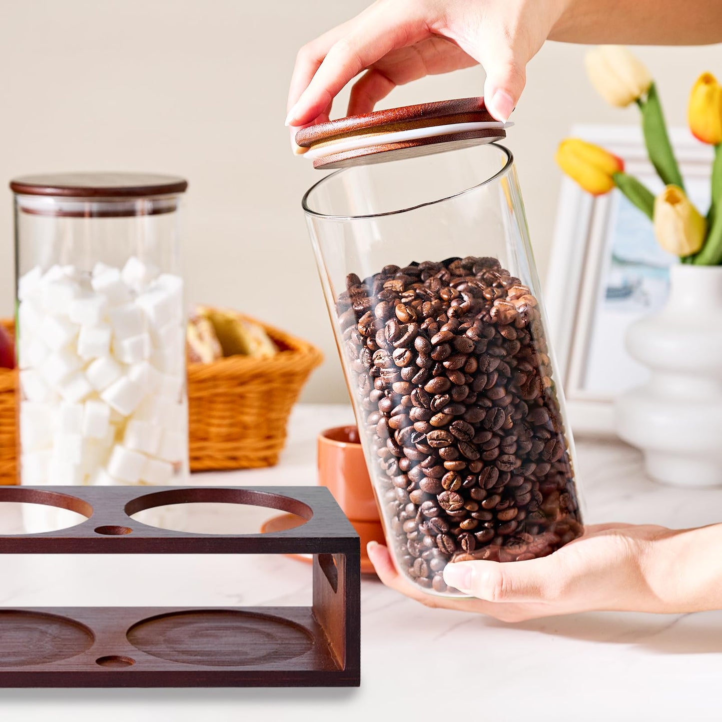 ZOMUIA Glass Coffee Containers Airtight Coffee Bean Storage Canisters with Shelf, 3Pcs 44oz Coffee Station Organizer, Kitchen Food Storage Jars for Sugar, Candy, Oats, Nuts (Retro)
