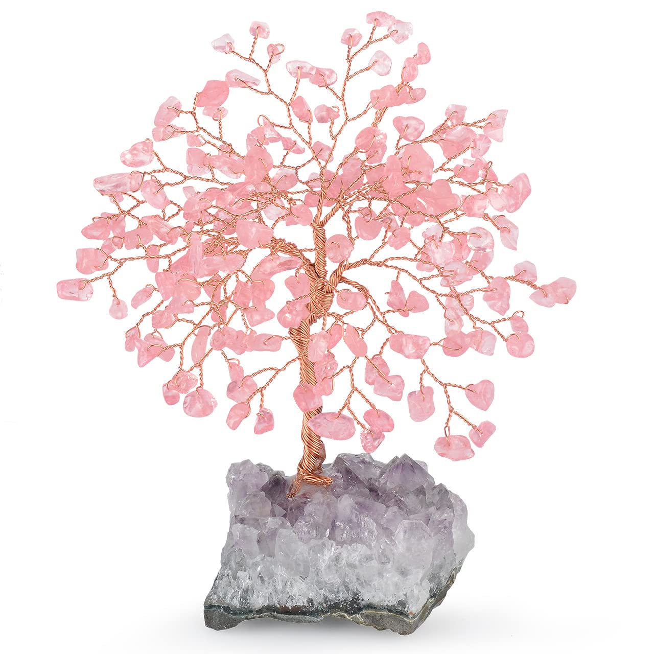 MASGEMES Natural Rose Quartz Gemstone Crystal Tree of Life, Amethyst Cluster Base,Feng Shui Decor Bonsai Money Tree,Healing Crystal Positive Energy Gift Size 5.5-6.3 Inches