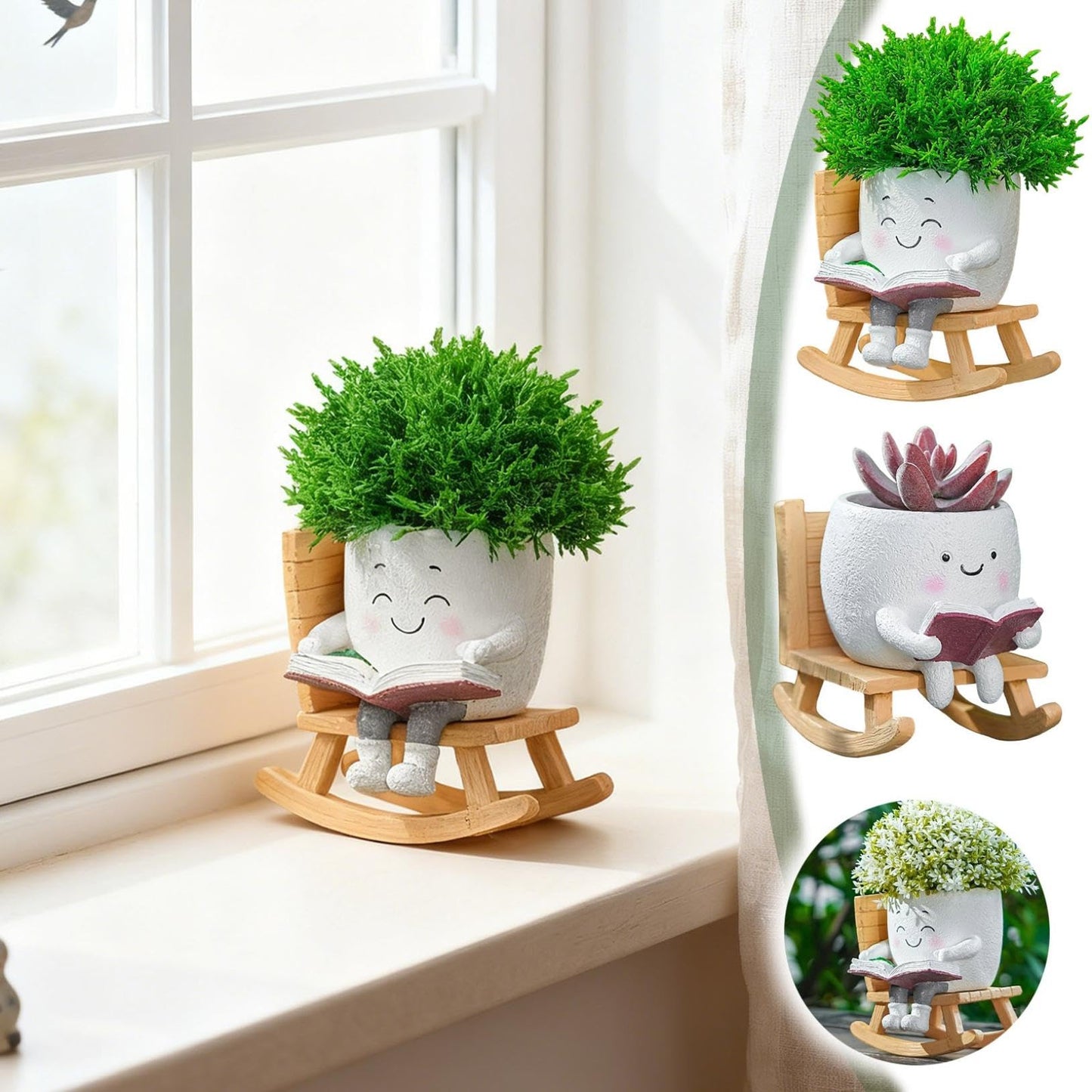 Rocking Chair Smily Face Planter with Drainage Hole, Small Plants Resin Succulent Planter Indoor Outdoor Decor for Desk Balcony Garden (White B)
