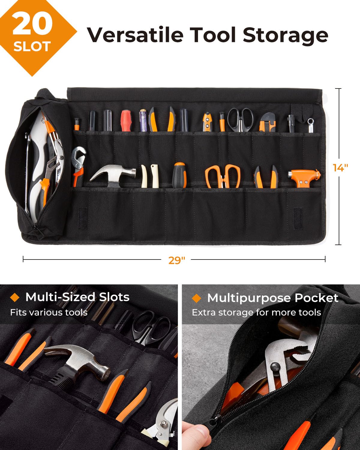 Foxrino Tool Roll For Men, Heavy Duty Tool Roll Bag Organizer, Roll Up Tool Pouch with 20 + 1 Pocket, Perfect Gifts for Men Father Dad Mechanic, Black