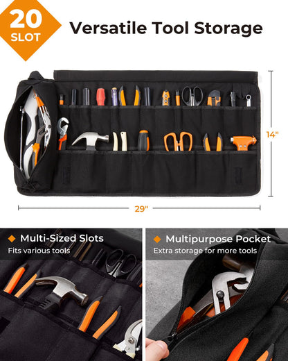 Foxrino Tool Roll For Men, Heavy Duty Tool Roll Bag Organizer, Roll Up Tool Pouch with 20 + 1 Pocket, Perfect Gifts for Men Father Dad Mechanic, Black