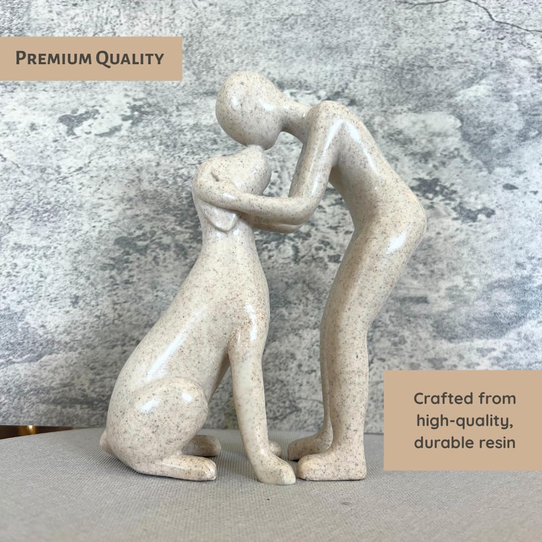 Pozbee Dog Owner Sculpture 8x6 inch, Stone Resin Dogs Statue, Loss of Dog Sympathy, Home Office Desk Shelf Decor Accent, Cute Pet Gift for Puppy Moms (Sandstone)