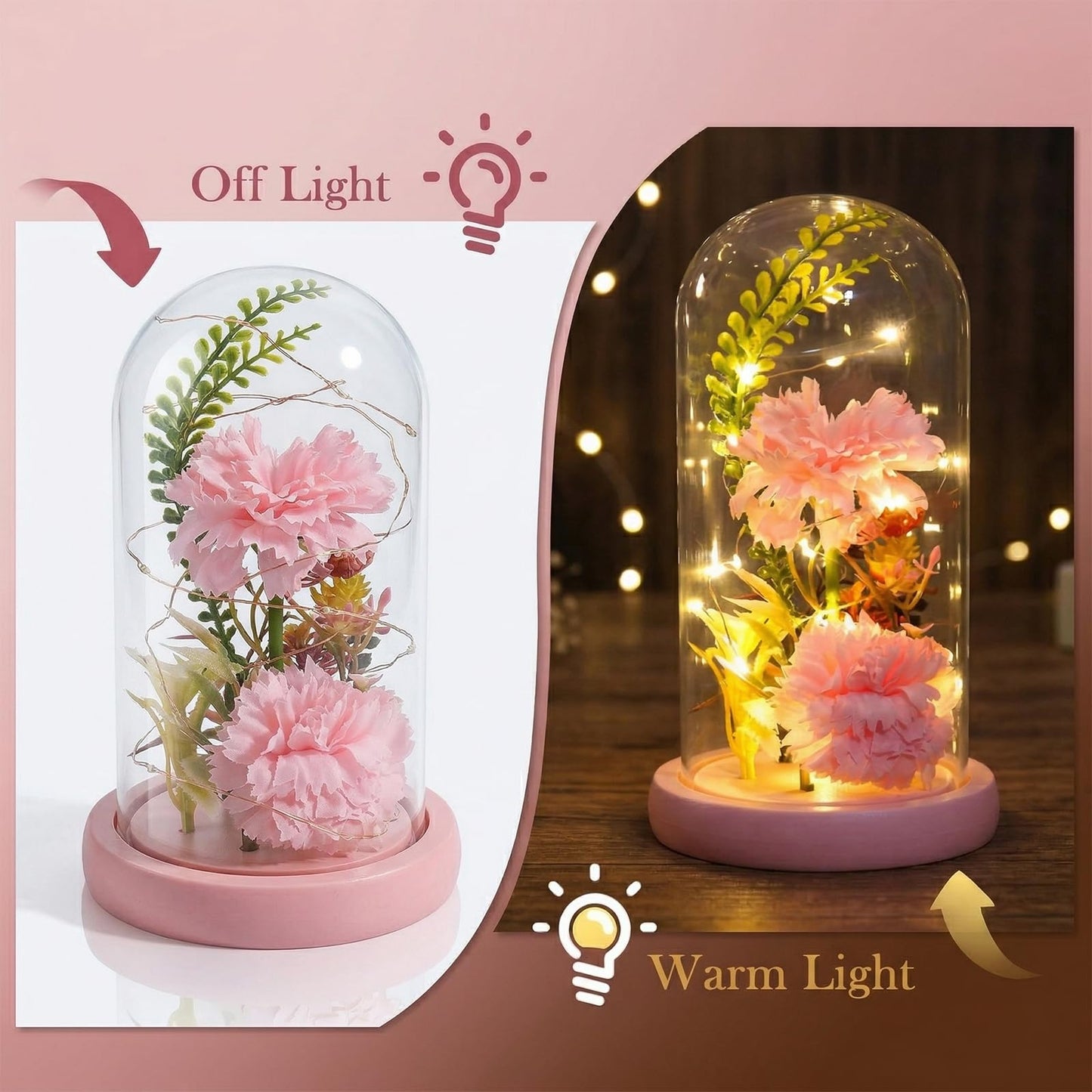 Strackvial Galaxy Glass Carnation Forever Preserved Flower with Light, Valentines Day Birthday Gift for Women, Mom, Wife, Girlfriend, Light Up Carnation in Glass Dome for Mothers Day