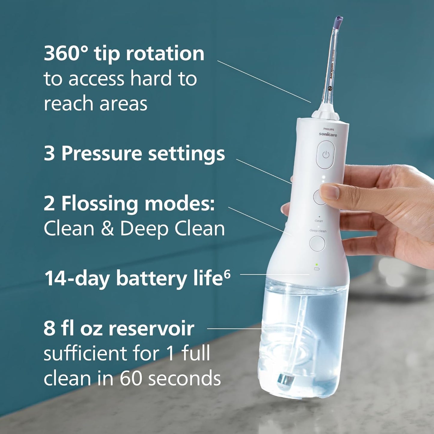 Philips Sonicare Cordless Power Flosser 3000 - Water Flosser with Innovative Quad Stream Technology, Oral Irrigator with 2 Flossing Modes and 3 Pressure Levels, IPX7 Waterproof, White, HX3826/21