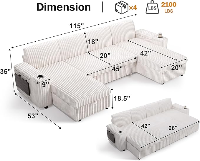 Vipbear 108" Modular Sectional Sleeper Sofa
