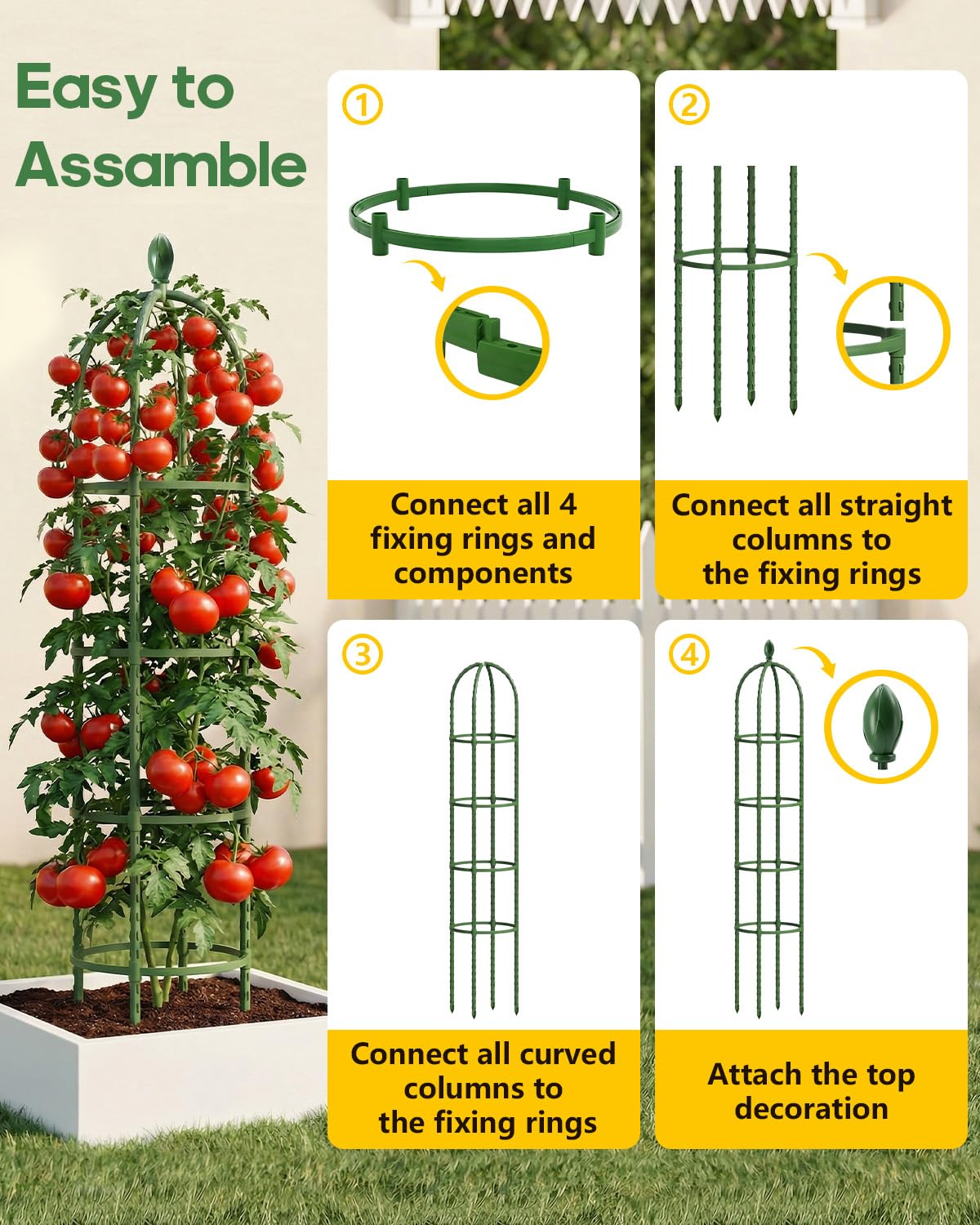 Joyhalo 2 Pack Trellis for Climbing Plants Outdoor, 6.2ft High Adjustable Garden Trellis for Flowers, Green Plastic Coated Steel Plant Stakes Use As Tomato Cage