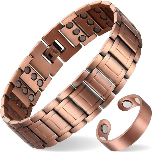 Fashtour 3X Copper Bracelet for Men, Triple Ultra Strength Magnets, Pure Copper Magnetic Bracelet and Ring Set, Adjustable Length with Sizing Tool(Copper)