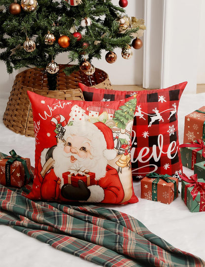TOYPOPOR Christmas Decorations, Double Sided Throw Pillow Covers 18x18 Inches Set of 4, Christmas Tree, Snowflakes, Merry Christmas, Snowman Reindeer Cushion Case for Farmhouse Home Holiday Decor