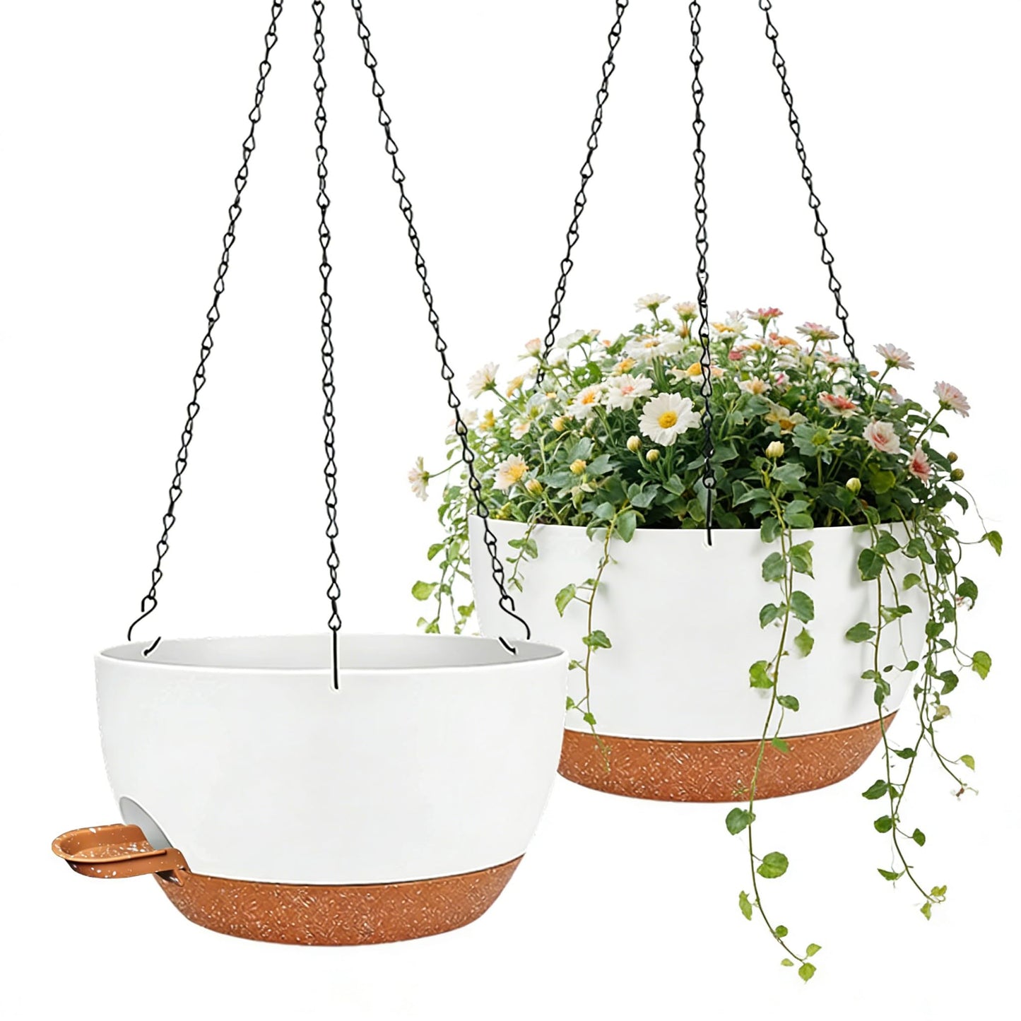 CNLBO 12 Inch Self Watering Hanging Planters 2 Pack, Indoor Outdoor Hanging Pots for Plants with Drainage Holes & Saucers, White Brown Plastic Hanging Baskets for Kitchen Balcony Garden