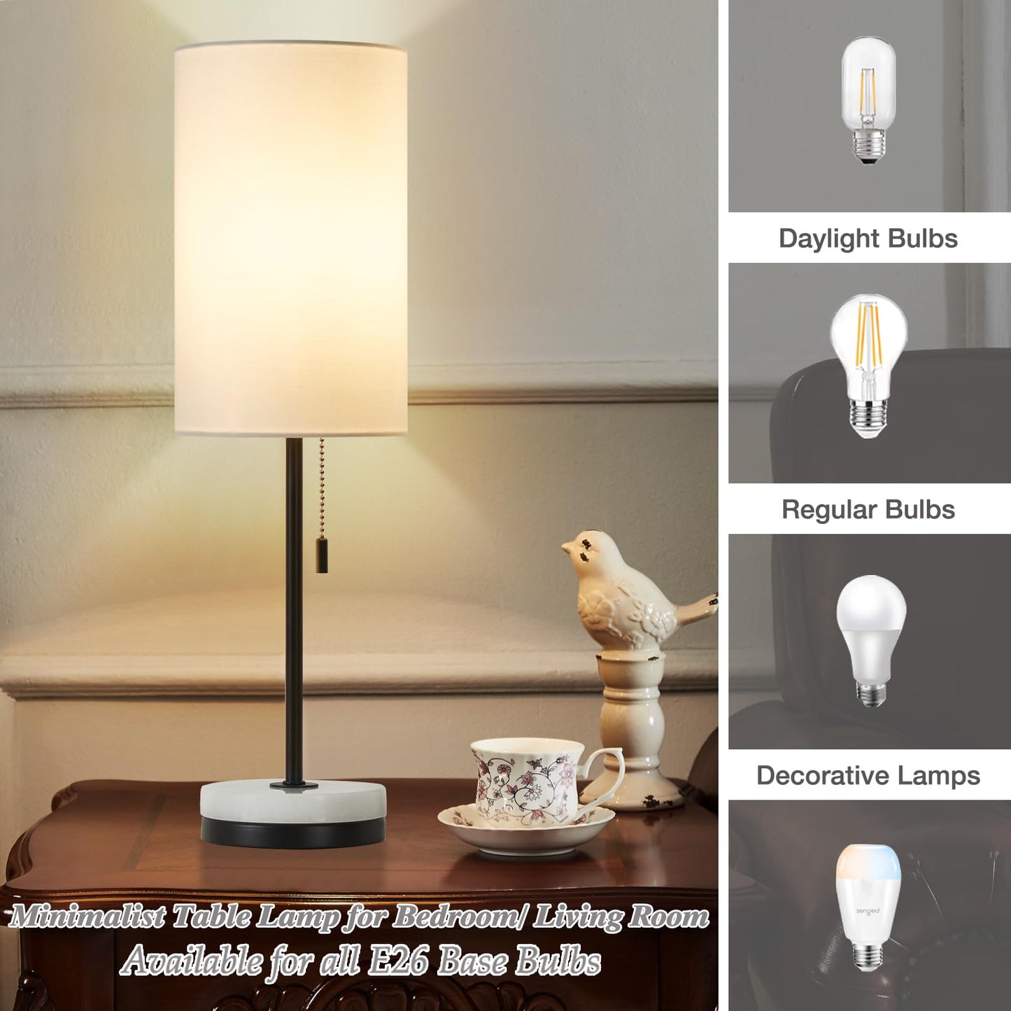 Luvkczc 18" Minimalist Table Lamp Set of 2, Nightstand Lamp for Bedroom Living Room, Modern Pull Chain Bedside Lamp with Marble Base, Fabric Shade, Small Desk Lamp for Home, Office, Reading