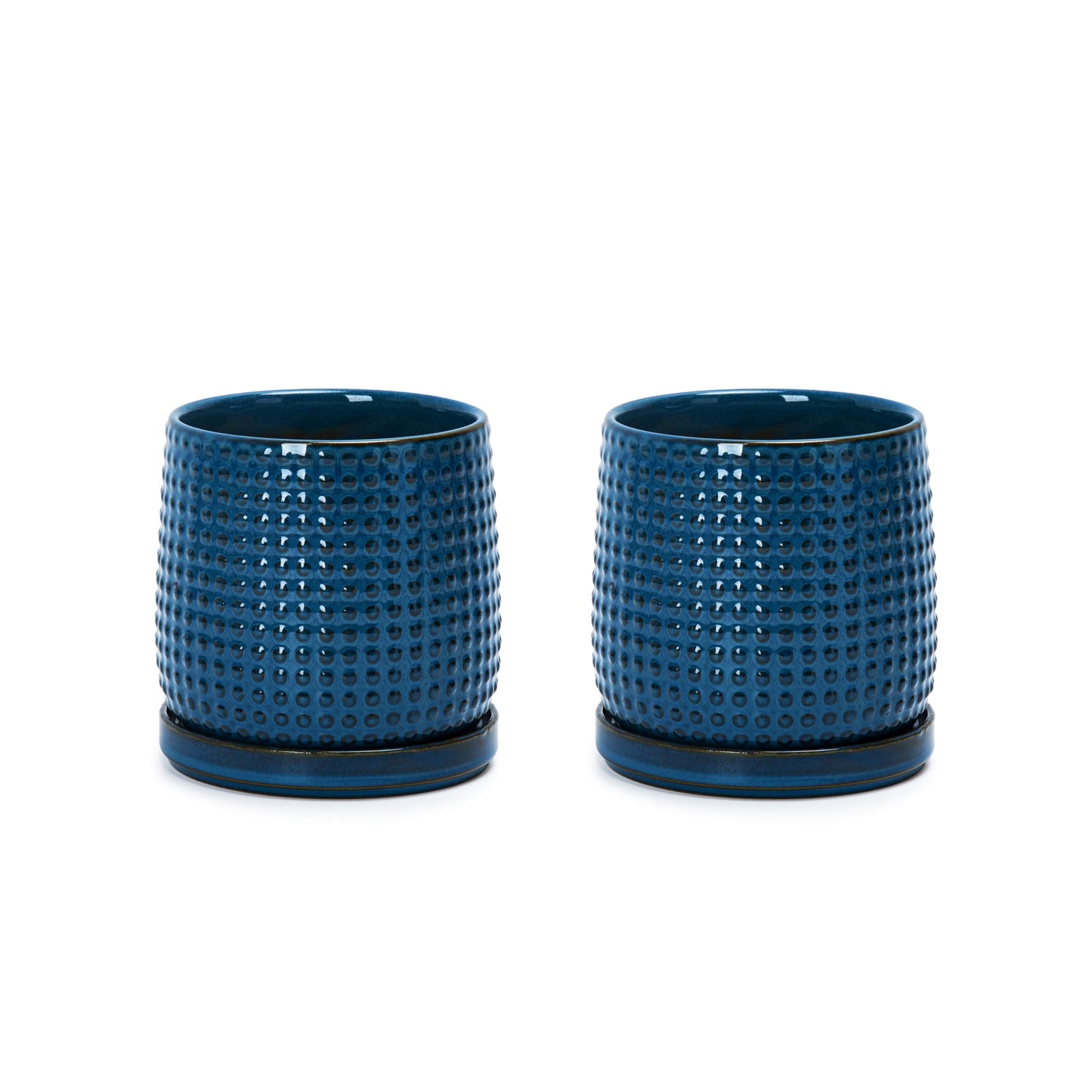 D'vine Dev Set of 2 Ceramic Plants Pots, 4 Inch Beaded Stoneware Flower Pot for Plants with Drainage Hole and Saucer, Midnight Blue, 27-E-Z-3