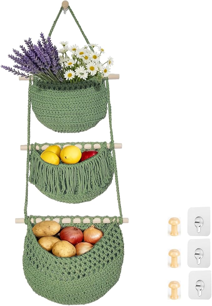 3 Tier Hanging Fruit Baskets for Kitchen, Boho Cotton Rope Handwoven Vegetable