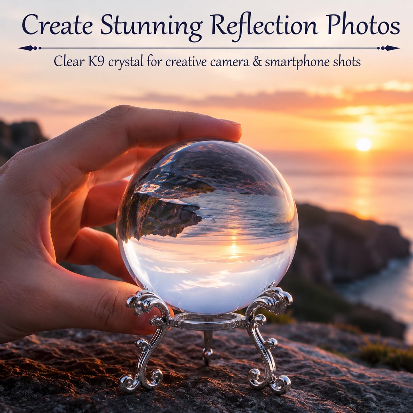 Zerelys Sparkling Clear K9 Crystal Sphere Ball with Stand, 80mm Clear Reflective Photography Prop, Sparkling Handcrafted Crystal Ball for Magical Shots, Elegant Home Decor Gift for Women(3.15 Inch)