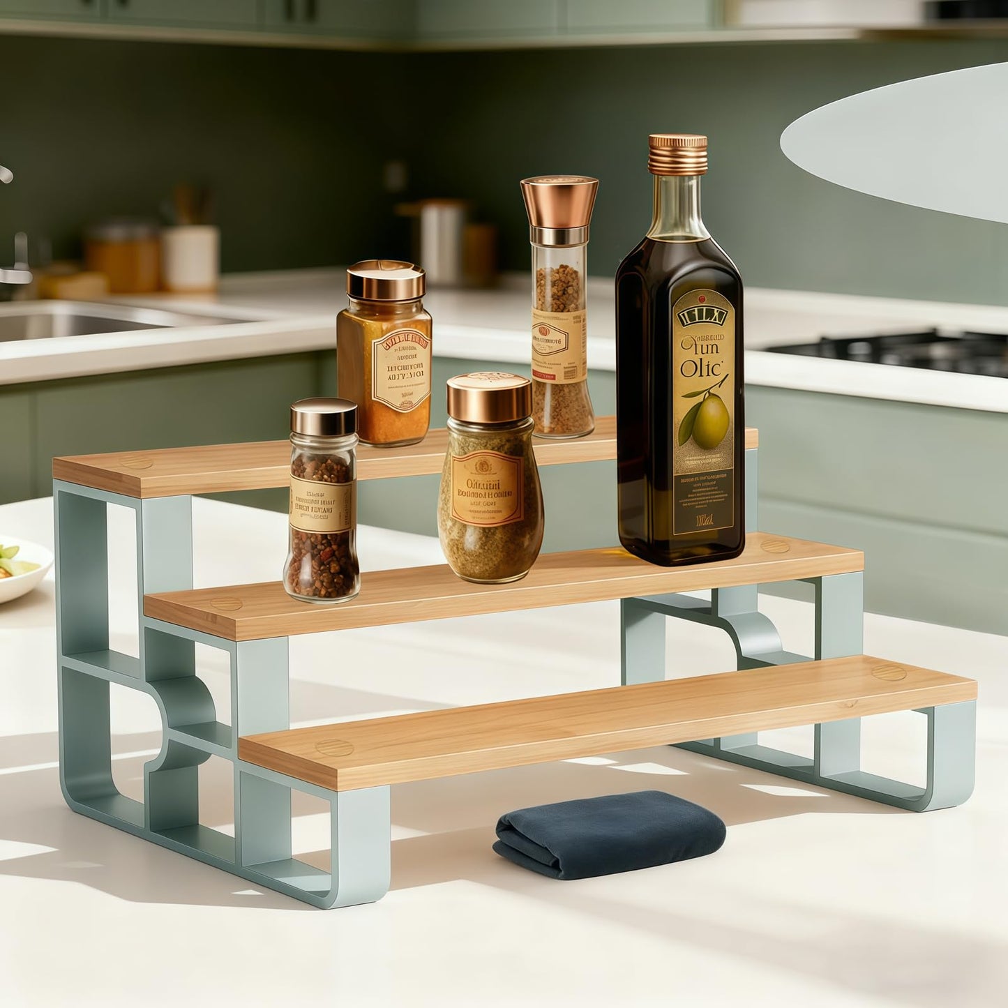 mengbu 3-Tier Bamboo Condiment and Spice Rack Shelf for Kitchen Countertop & Storage Cabinet, Step Organizer Display Riser Shelf for Women, Space-Saving, Easy Access, Easy to Assemble(14" Width)
