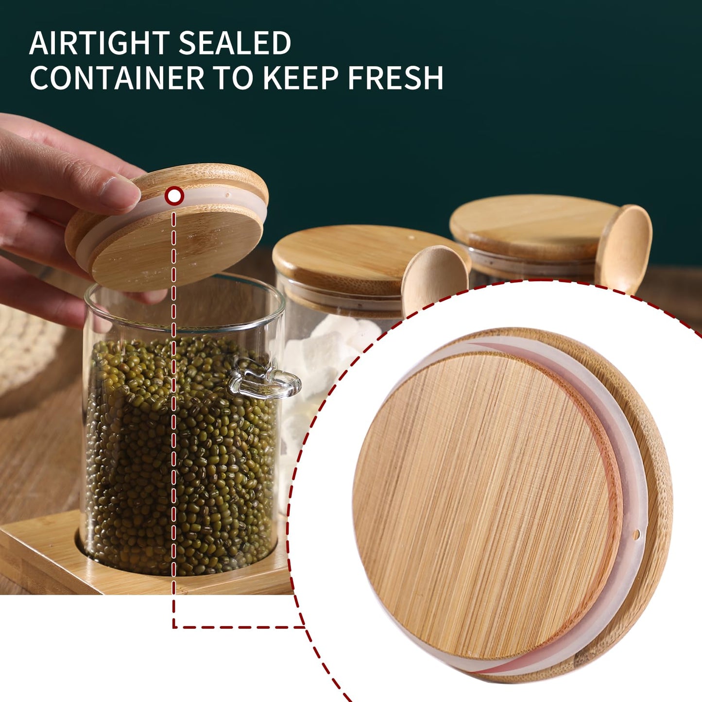 GURUDAR Glass Spice Storage Container with Spoon, 3PCS 20oz Airtight Sealed Condiment Jar with Tray, Kitchen Pantry Seasoning Canister Set for Salt Coffee Sugar Tea & Bathroom Cotton Swab Ball