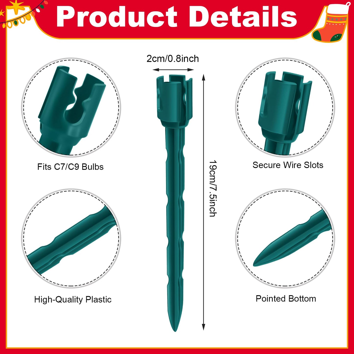 60 Pcs 7.5 Inch Christmas Light Stakes, Christmas Yard Stakes for C7 C9 Christmas Lights, Garden Path Walkway Holiday Decorations(Green)