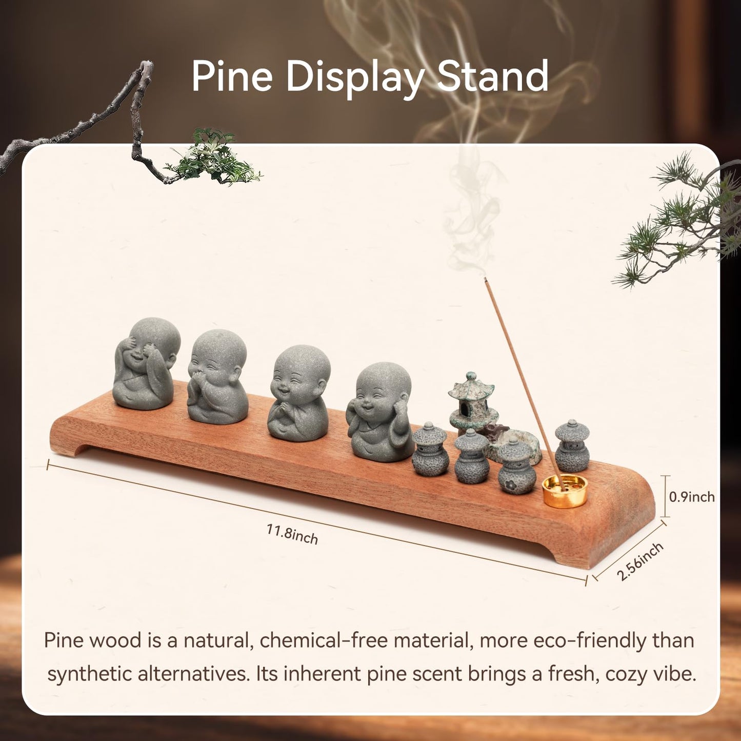 Laughing Buddha Statue Zen Set 4 Pcs with Wood Base, Lotus Incense Burner, Copper Incense Holder, Incense Sticks & Cleaning Brush All in One Feng Shui Decor for Home, Meditation, Desk & Spiritual Gift
