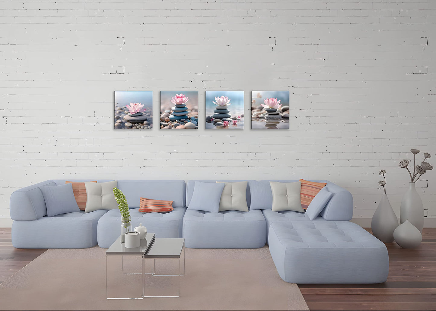 NAN Wind 4PCS Mordern Zen High-Definition Canvas Print Pink Lotus Stacked Zen Stones Spa Wall Art Easy-to-Hang Wall Art for Serene Home Deco Meditation Rooms Yoga Studios and Zen Enthusiasts