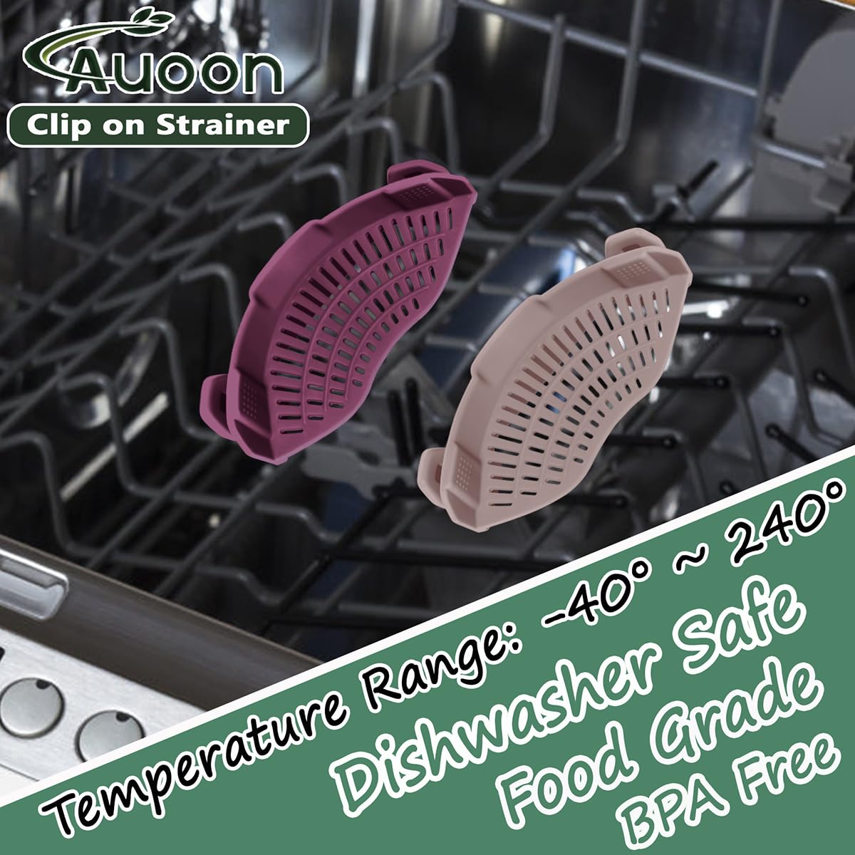 AUOON Clip On Strainer Silicone for All Pots and Pans, Pasta Strainer Clip on Food Strainer for Meat Vegetables Fruit Silicone Kitchen Colander