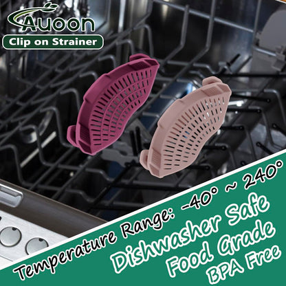 AUOON Clip On Strainer Silicone for All Pots and Pans, Pasta Strainer Clip on Food Strainer for Meat Vegetables Fruit Silicone Kitchen Colander