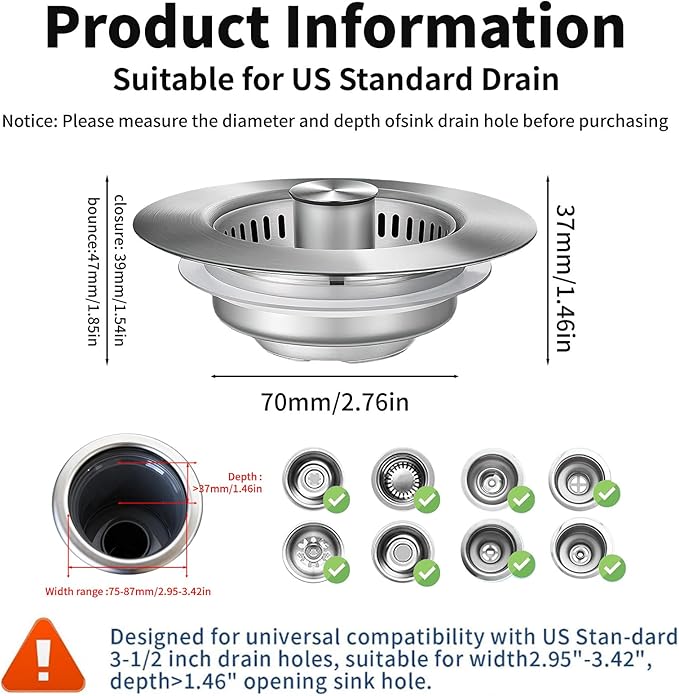 3-in-1 Kitchen Sink Drain Strainer : Pop Up Sink Stopper, 304 Stainless Steel