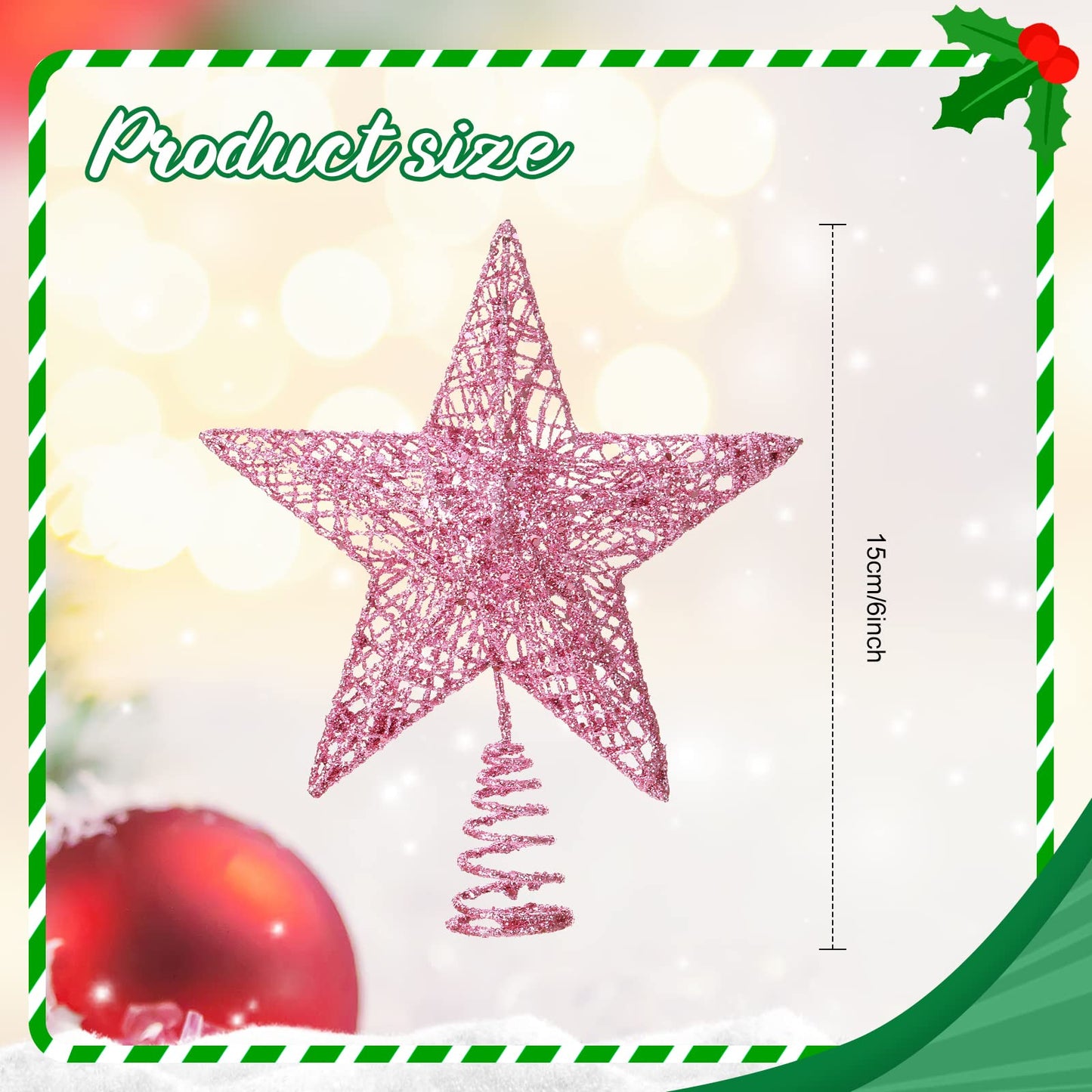 Sratte 6 inch Glittered Christmas Tree Topper Metal Christmas Star Treetop 31.5 Inch Glittered Christmas Tree Skirt and Christmas Flowers Decoration for Xmas Home Door Decor (Pink)