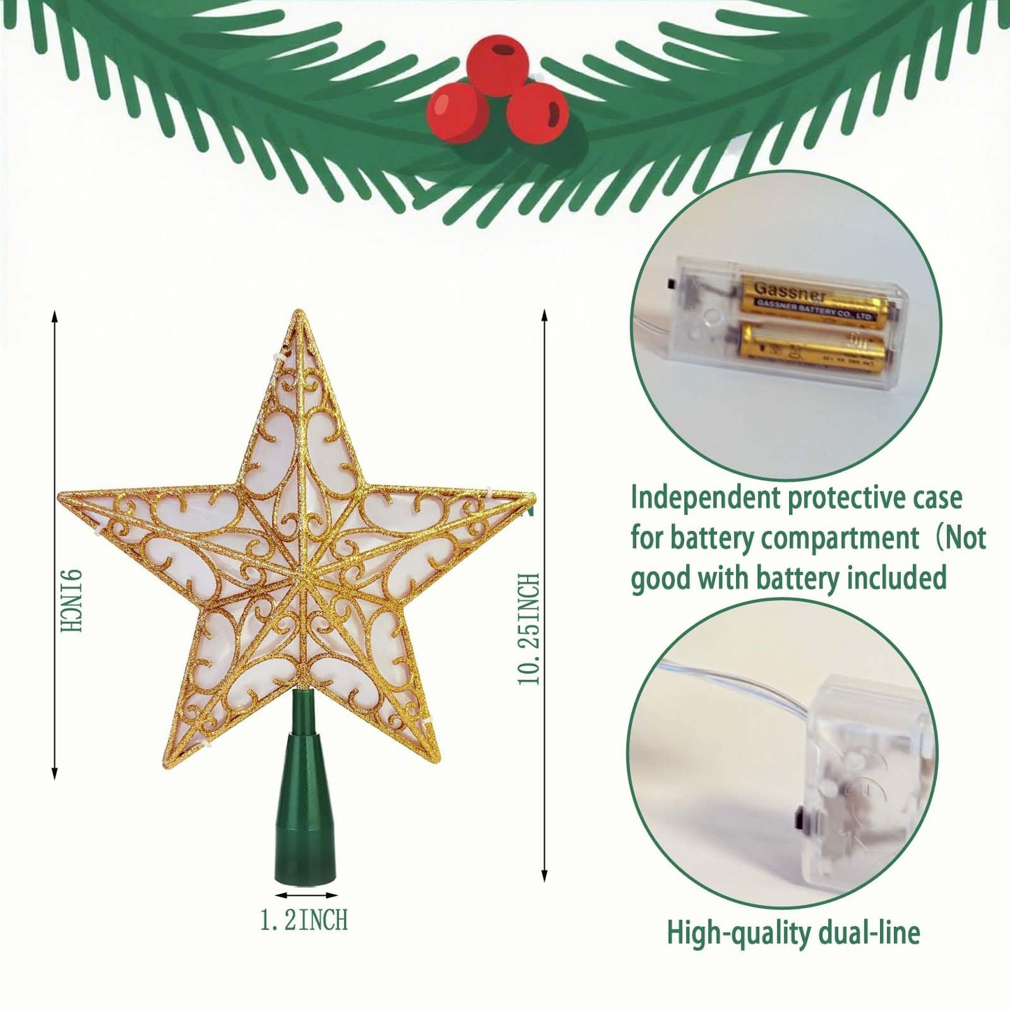 9.5” Gold 3D Dual-Side Christmas Star Tree Topper - Warm White LED Light, Festive Holiday Home Christmas Decor