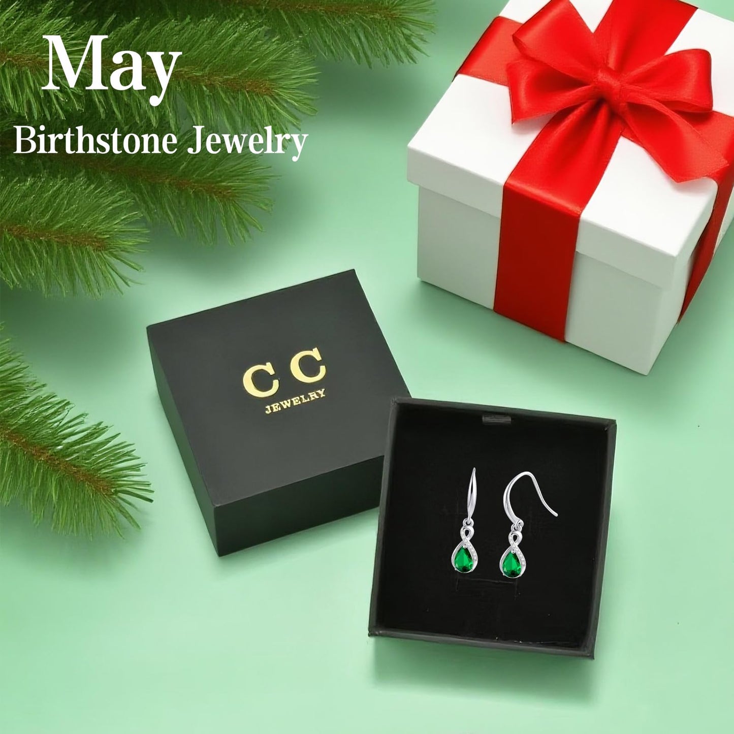 Infinity Birthstone Earrings 18K Gold Plated 925 Sterling Silver Teardrop Infinity Drop Dangle Earrings Emerald Jewelry Birthday Gifts for Women Her Mother Wife