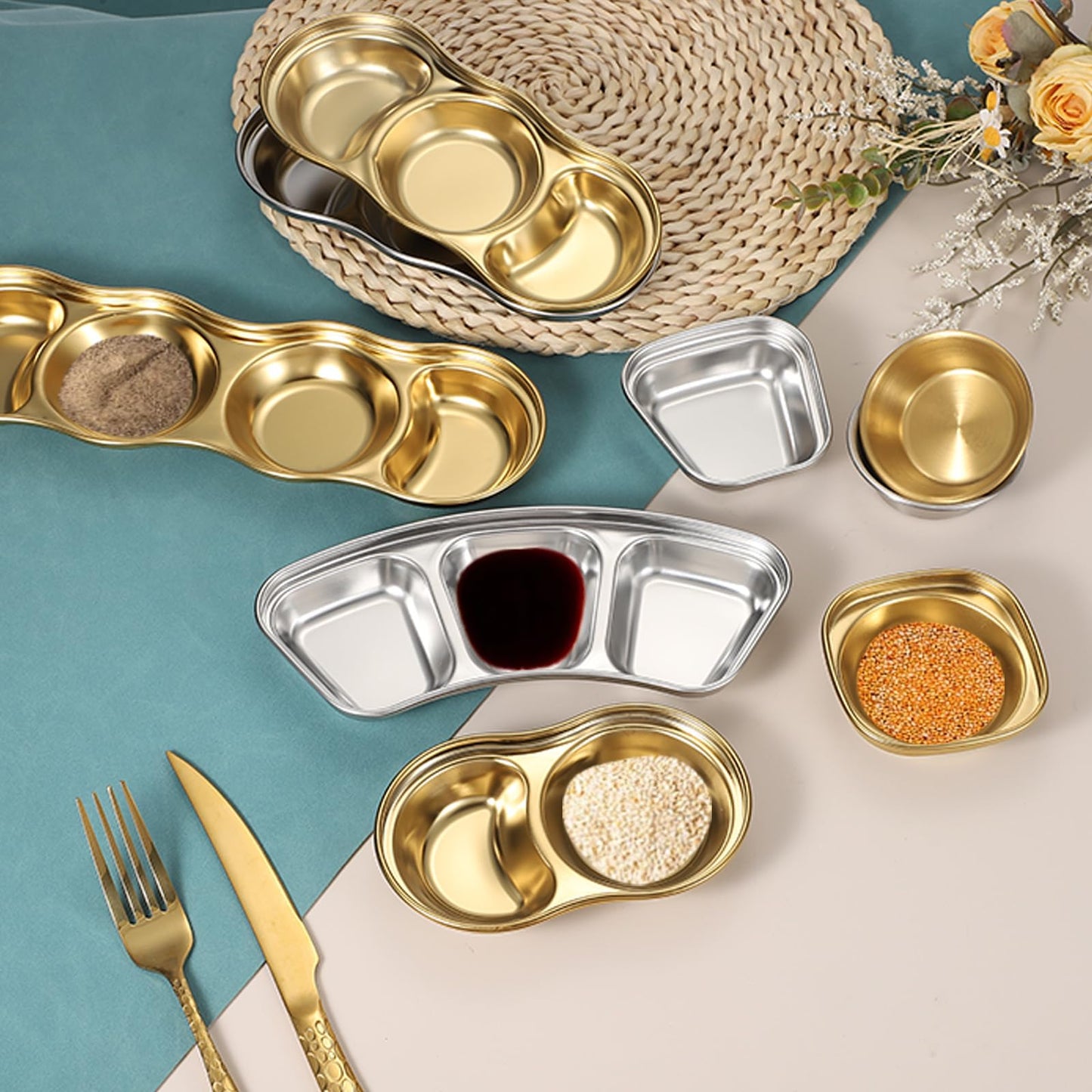 uxcell 3 Inch Mini Stainless Steel Sauce Dish, 2 Pcs Round Seasoning Bowls Appetizer Plates Condiment Bowl for Salad Side Dishes Sushi Dipping Ketchup, Gold/Silver 4-Compartment