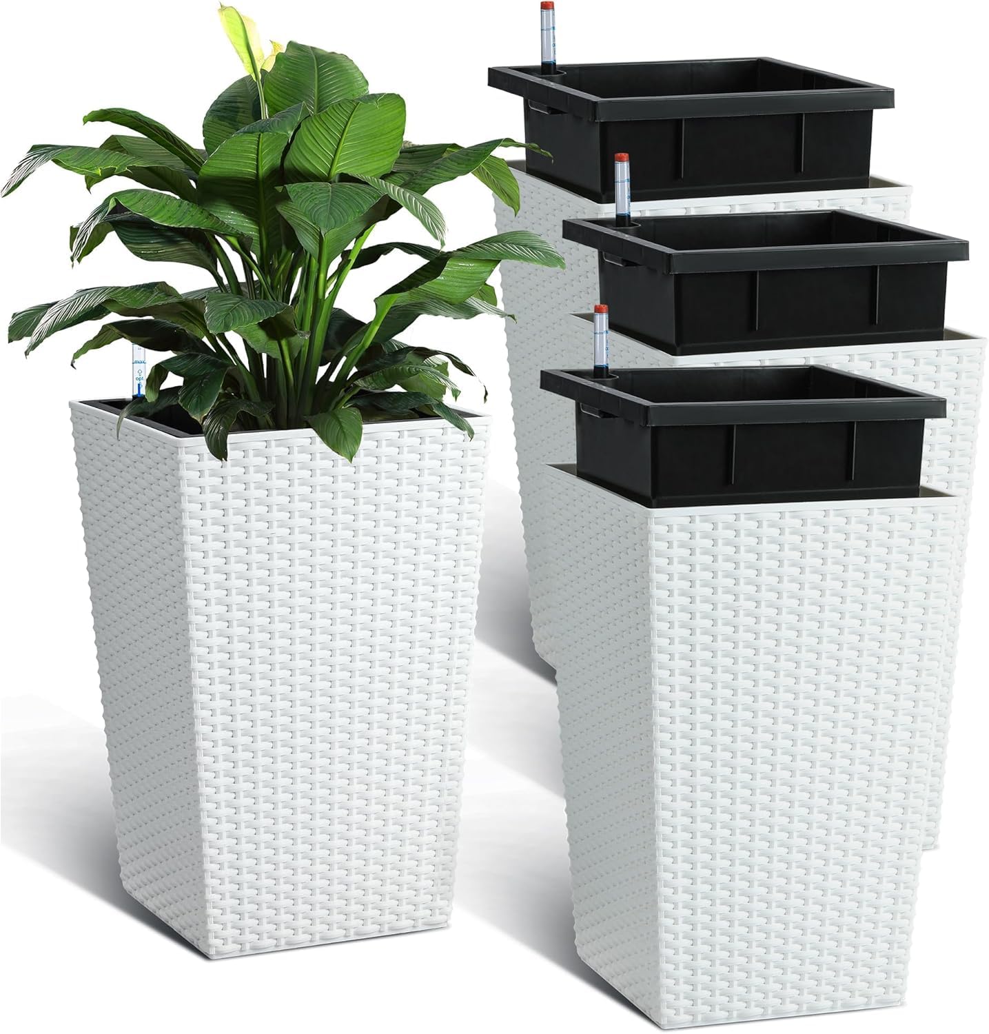 Takywep Set of 4 Tall Rattan Planters – 16" Self Watering Plant Pots with Water Level Indicator, Indoor Outdoor Planters for Patio & Porch-White