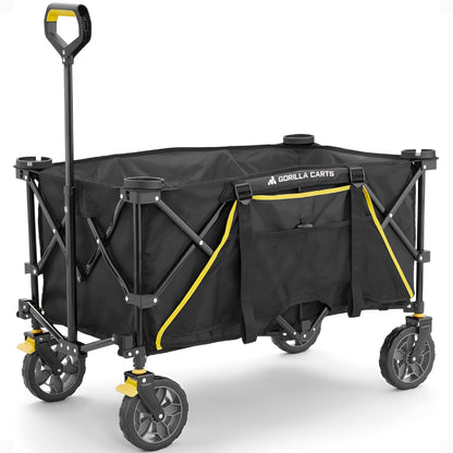 Gorilla Carts 7 cu ft 185L Capacity Foldable Festival Wagon Collapsible Durable All Terrain Utility Pull Camping Wagon with Oversized Bed and Built-in Cup Holders, Garden Trolley Black Load up to 70kg