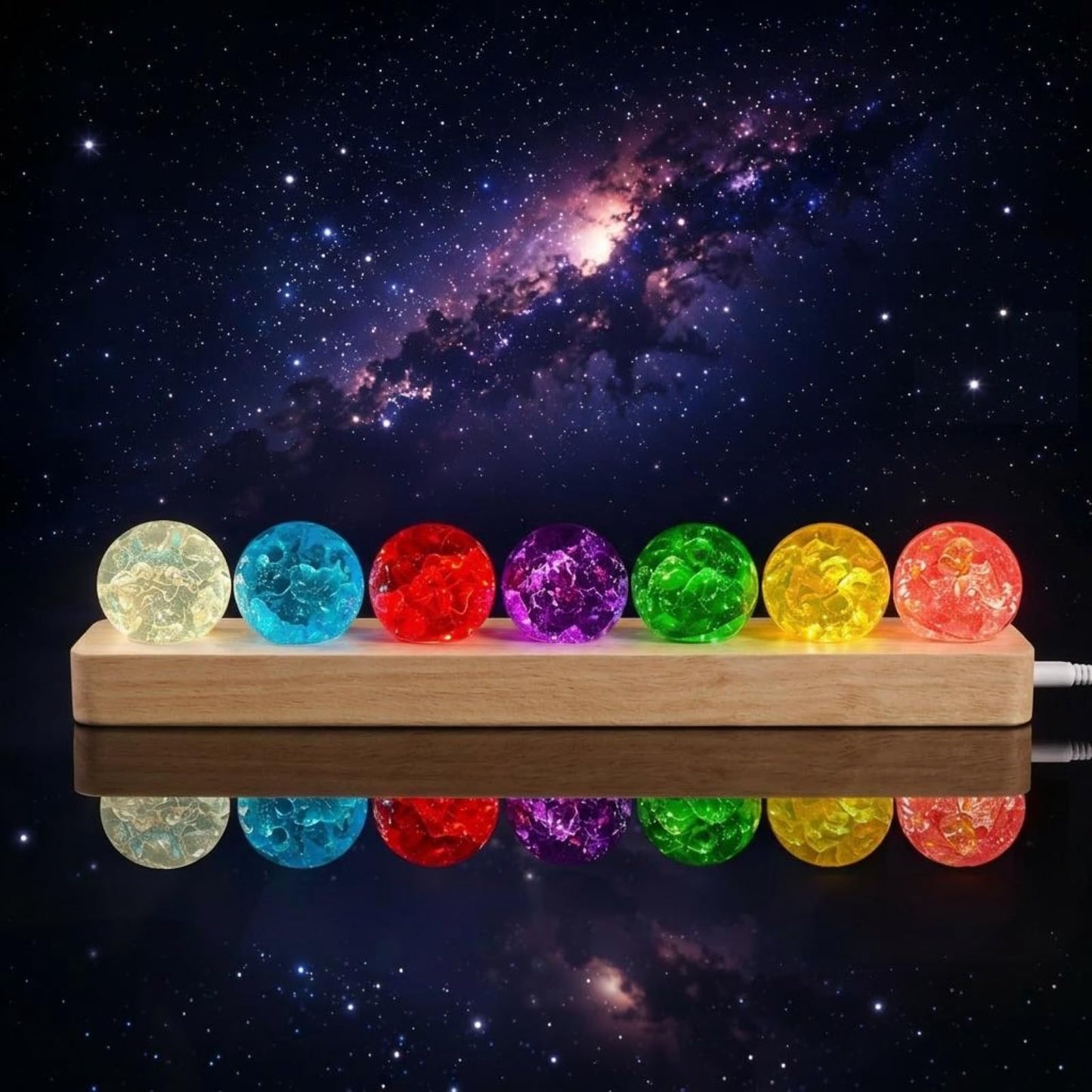 JINWU ClearPeak 7 Colors 40mm Ice Cracked Crystal Balls, Chakra Healing Sphere with LED Wooden Base, Glass Night Light for Home Living Room Meditation, Valentines Day (Set 7-Rainbow)
